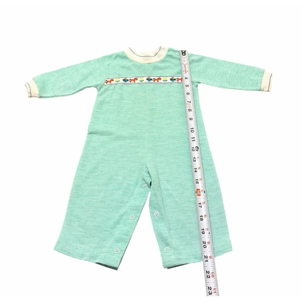 Vtg HealthTex Romper 70s 80s Zip Button 12M Boys Green Horse‎ Jumpsuit Retro